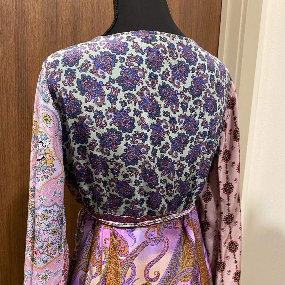 PLENTY by Tracy Reese Vtg Silk Wrap Midi Dress 12 Purple Satin Paisley Floral - Picture 8 of 17